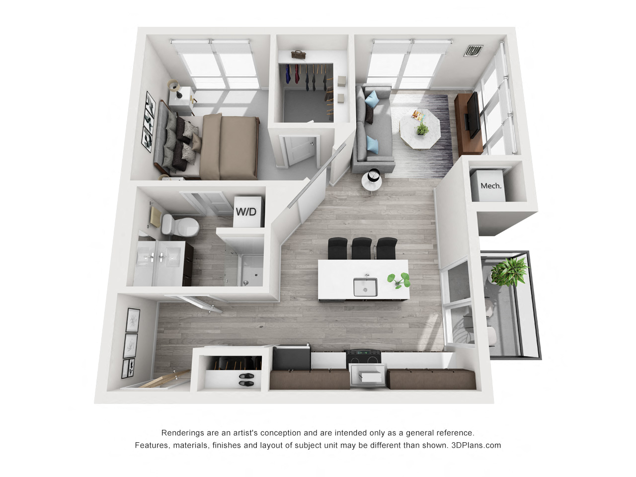 Floor plan for 1 bed, 1 bath, 649 sqft